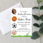 Sporter - inbjudan till den uppskattade babyvisnin<br><div class="desc">Det här är en inbjudan till babydusch. Den omfattade en fotboll,  basket,  fotboll och baseboll,  pojkens babydusch,  dusch för pojke,  pojktema för babydusch,  idrottens grönt</div>
