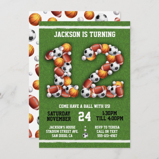 Sporter Théed Bollar 12:e Födelsedagsfest inbjudan (Fram/baksida)