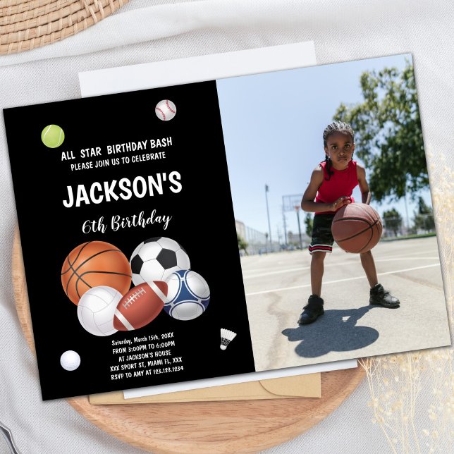 Sporterar Bollar Sports Birthday-inbjudningar med  Inbjudningar (Sports Balls Sports Birthday Invitations w photo)