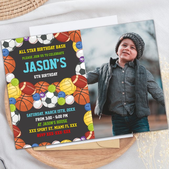 Sporterar Party-födelsedagsinbjudningar med foto Inbjudningar (Sports Party Birthday Invitations with photo)