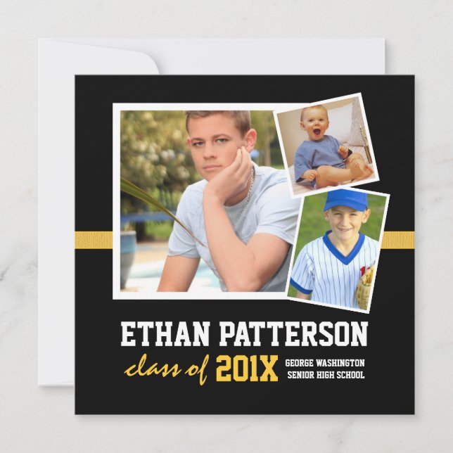 Sportig 3 Foto Examen Inbjudan Svart Guld (Framsida)