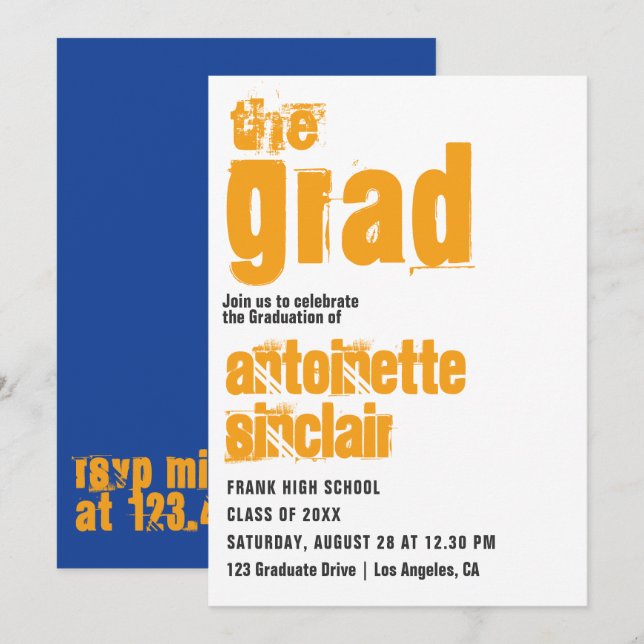 Sportig blå och orange typografi Grad Invitation Inbjudningar (Fram/baksida)