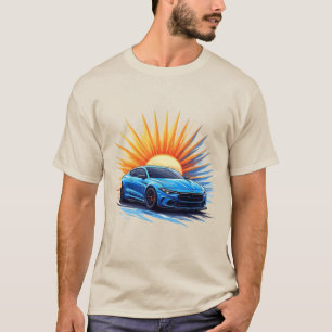 Sportig blå tävlingsbil fart rörelse stil t shirt