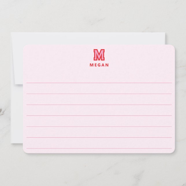 Sportig monogram, stor platt med rosa linjer anteckningskort (Framsida)