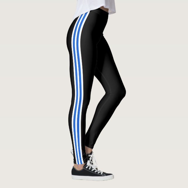 Sportiga blå vita sidostripiga svarta leggings (Höger)