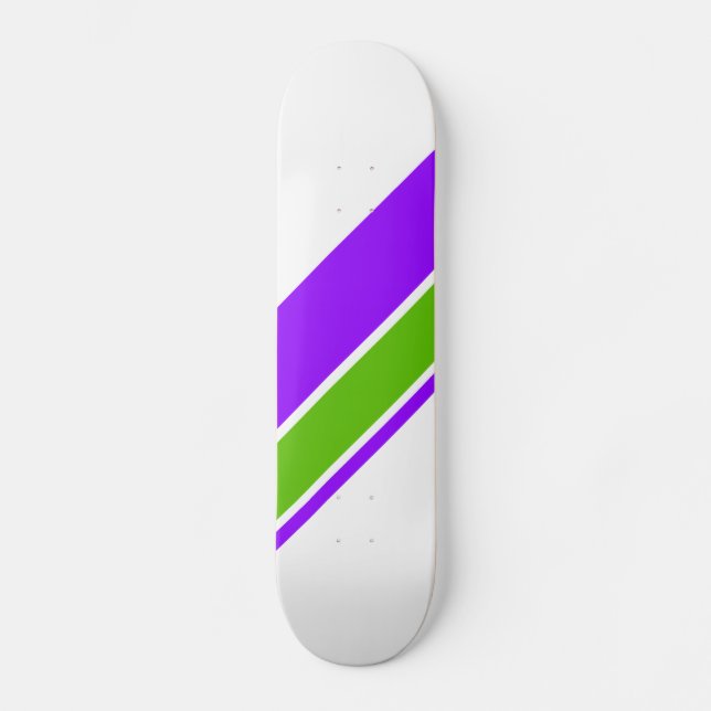 Sportiga lila limegröna racingränder på vit botten mini skateboard bräda 18,5 cm (Framsida)
