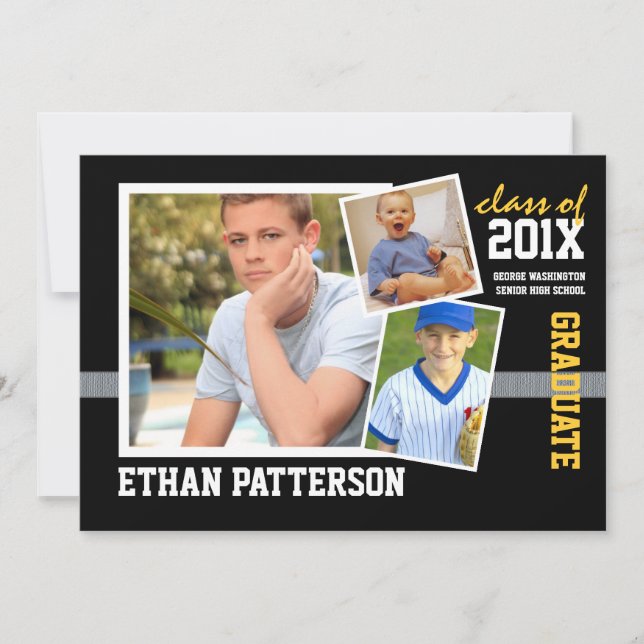 Sportigt för studentenmeddelande för 3 foto guld inbjudningar (Framsida)