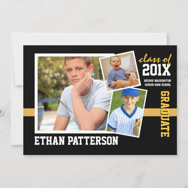 Sportigt för studentenmeddelande för 3 foto guld inbjudningar (Framsida)