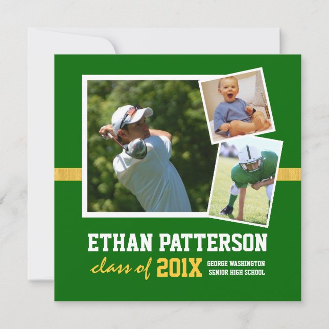 Sportigt för studentenmeddelande för 3 foto guld inbjudningar (Framsida)