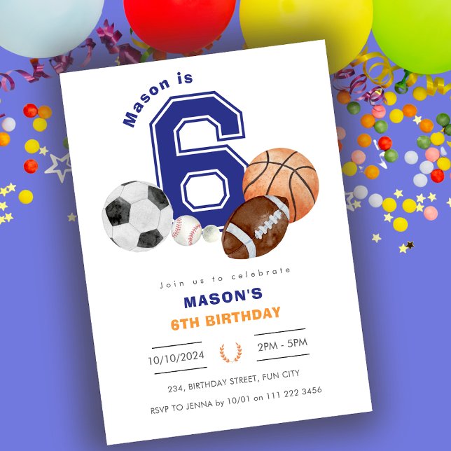 Sports 6e Boy Idrottsman Birthday Inbjudningar (Sports 6th Boy Athlete Birthday Invitation)