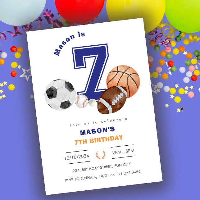 Sports 7:e Boy Idrottsman Birthday Inbjudningar (Sports 7th Boy Athlete Birthday Invitation)