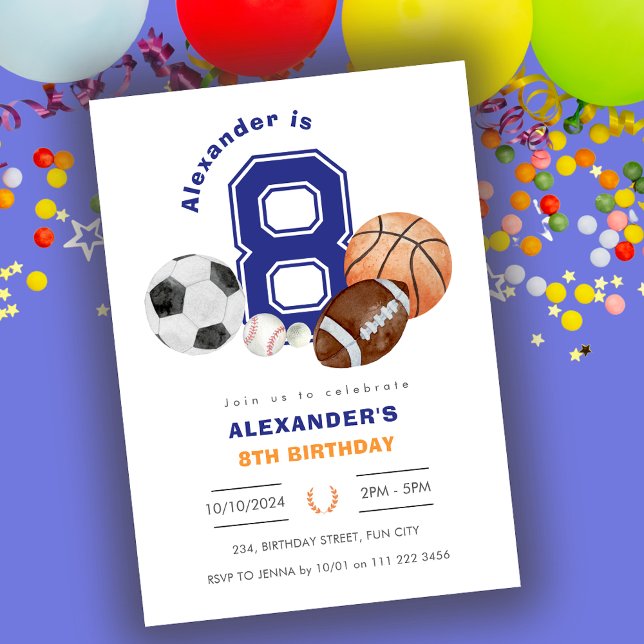 Sports 8th Boy Idrottsman Birthday Inbjudningar (Sports 8th Boy Athlete Birthday Invitation)