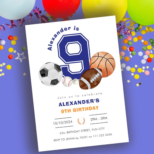 Sports 9th Boy Idrottsman Birthday Inbjudningar (Sports 9th Boy Athlete Birthday Invitation)