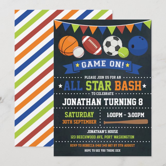 Sports All Star Birthday Baseball Basketball Party Inbjudningar (Fram/baksida)