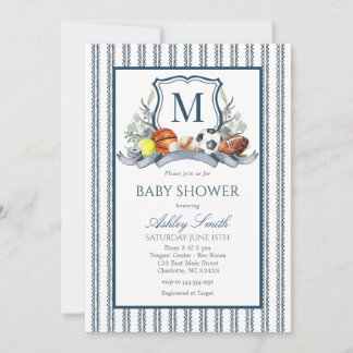 Sports Baby Shower, Preppy Sports Crest Invite Inbjudningar