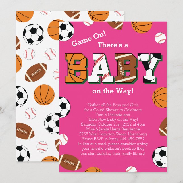 Sports Baby Shower Rosa Girl Inbjudningar (Fram/baksida)