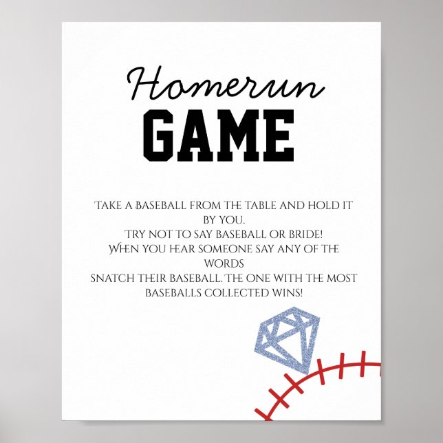Sports Baseball Homerun Glitter Bridal Shower Game Poster (Framsidan)