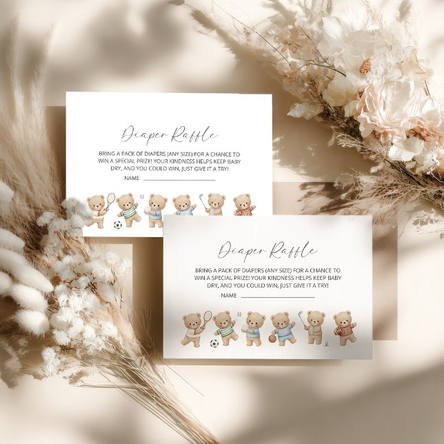 sports bear baby shower, bearly wait diaper raffle tilläggskort (sports bear diaper raffle card)