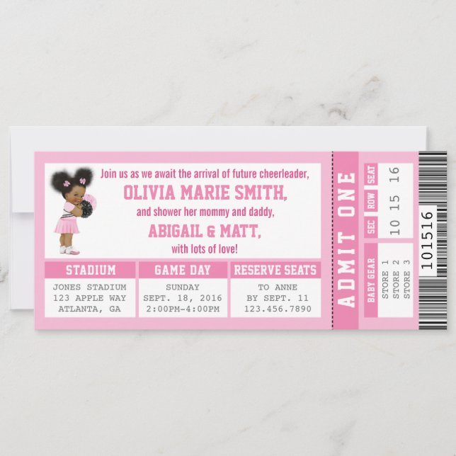 Sports Biljett Baby Shower-inbjudan, Girl, Rosa Inbjudningar (Framsida)