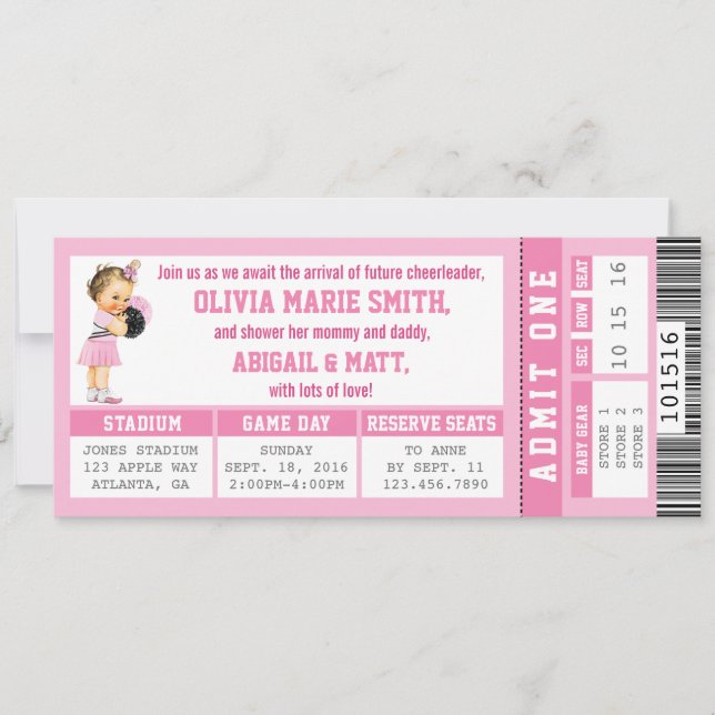 Sports Biljett Baby Shower-inbjudan, Girl, Rosa Inbjudningar (Framsida)