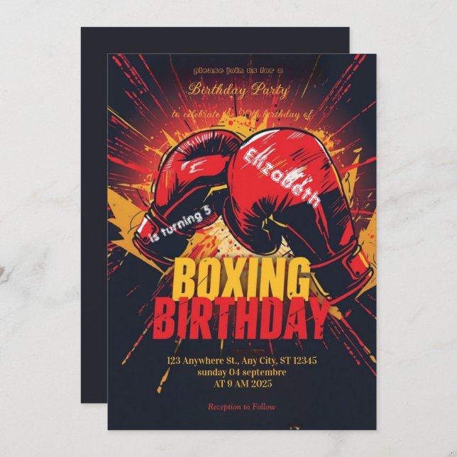 sports boxing birthday invitation inbjudningar (Fram/baksida)