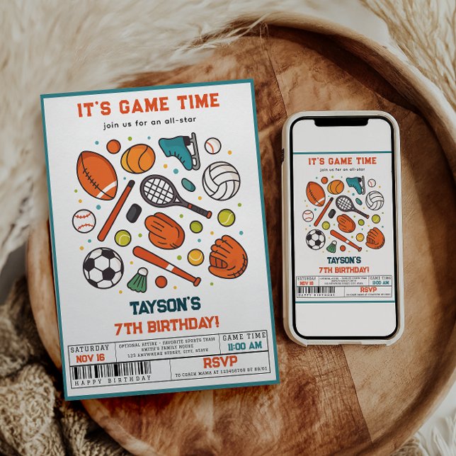 Sports Game Time All-Star 7th Birthday Party | Boy Inbjudningar (Sports Game Time All-Star Birthday | Kids Sport invite)