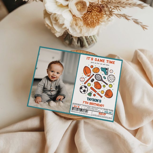 Sports Game Time All-Star 7th Birthday Party | Boy Inbjudningar (Sports Game Time All-Star Birthday | Kids Sport photo invite)