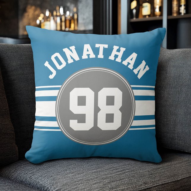 Sports Jersey Blue och Grått Rand Namn Number Kudde (Custom Sporty Pillow)