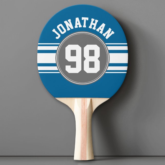Sports Jersey Blue och Grått Rand Namn Number Pingisracket (Custom Ping Pong Paddle - Team or College colors Sports Jersey)