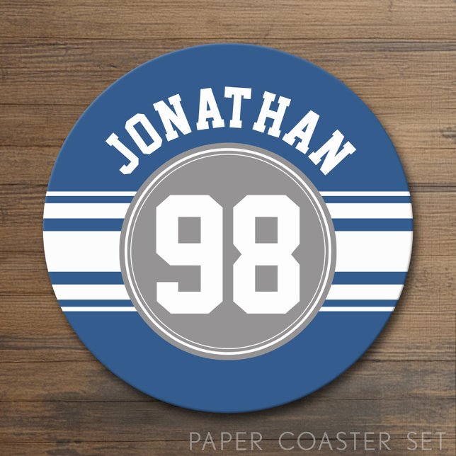 Sports Jersey Blue och Grått Rand Namn Number Underlägg Papper Rund (Custom Coaster)