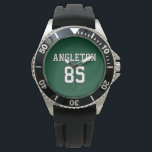 Sports Jersey Inspired Custom Name Number Armbandsur<br><div class="desc">Celebrate a birthday, wedding, anniversary, or other special day with this custom sports jersey inspired stainless steel watch. The name and number sits centered in outline text on a solid background (the forest green, black, and white can be changed to the colors of your choice). This watch is ideal for...</div>