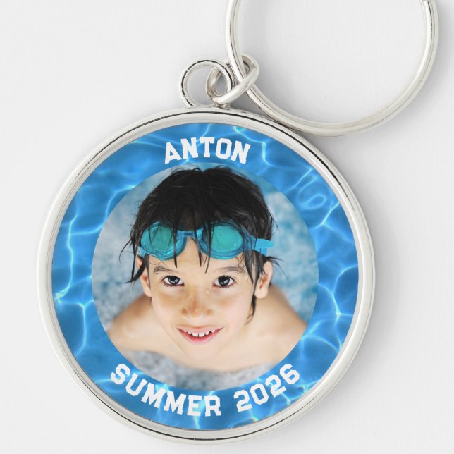 Sports Photo Aqua Blue Swimming Pool Border Rund Silverfärgad Nyckelring (Framsidan)