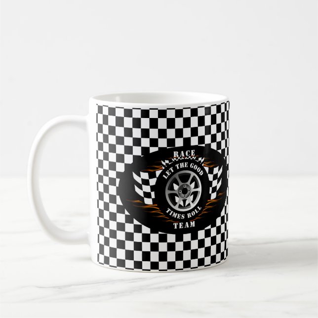 Sportscar Tävla Wheel Flames Checkered Flagga Pro Kaffemugg (Vänster)