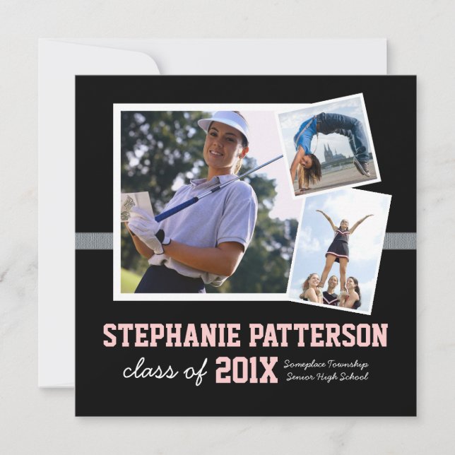 Sporty 3 Photo Studenten annons Black Rosa Inbjudningar (Framsida)