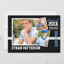 Sporty 3 Photo Studenten Announcement Black Blue Inbjudningar