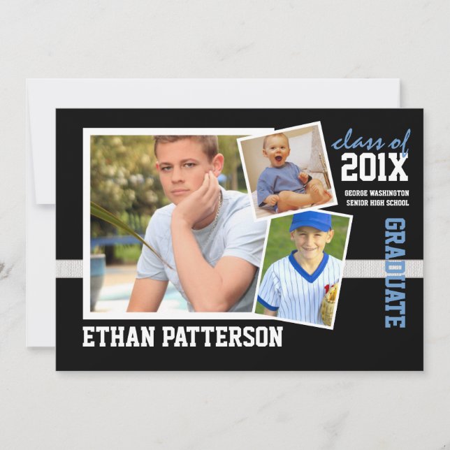 Sporty 3 Photo Studenten Announcement Black Blue Inbjudningar (Framsida)