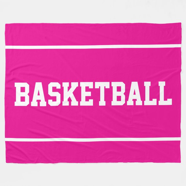 Sporty BASKETBALL White Text Stripes On Bold Pink Fleecefilt (Framsidan (Horisontell))