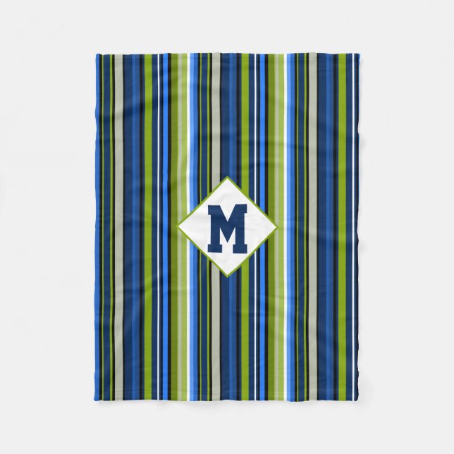 Sporty Blue Grönt Rand Monogram Fleece Blanket (Framsidan)