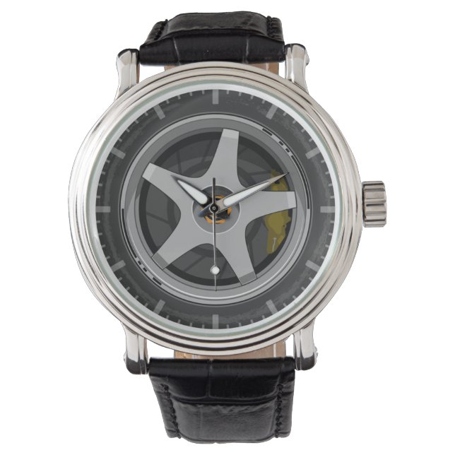 Sporty Grey Car Wheel Rim and Brake Caliper Watch Armbandsur (Framsida)