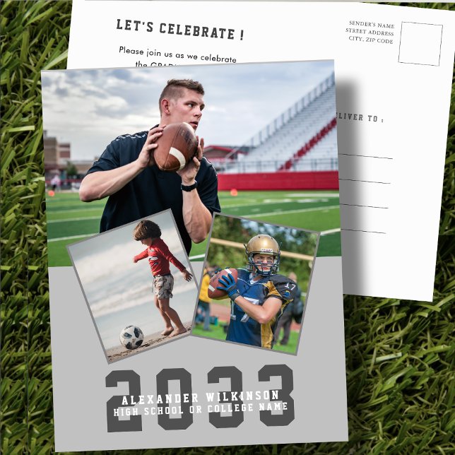 Sporty Guy Modern fold Script 3 Photo Studenten Inbjudan Vykort (Skapare uppladdad)
