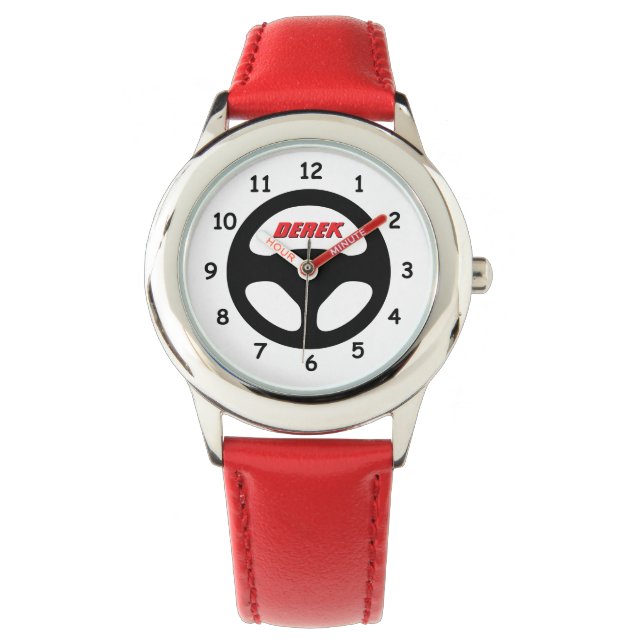 Sporty kid's watch with round car steering wheel armbandsur (Framsida)