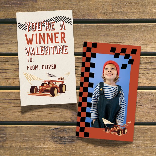 Sporty Race Car Valentine's Classroom Photo Card Anteckningskort (Share this You're a Winner Race Car DIY Valentine's Classroom Note Card!)