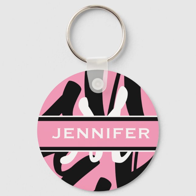Sporty Rosa Black White Monogram Personlig Nyckelring (Framsida)