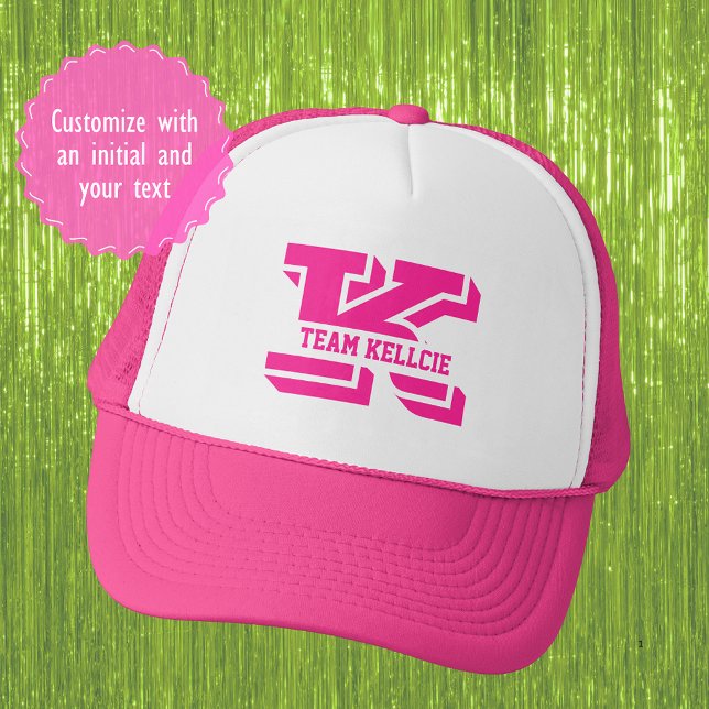 Sporty Rosa Monogram Initial Team Bachelorette Keps (Sporty hot pink monogram hat for the bride and her team. Customize the initial and the text)