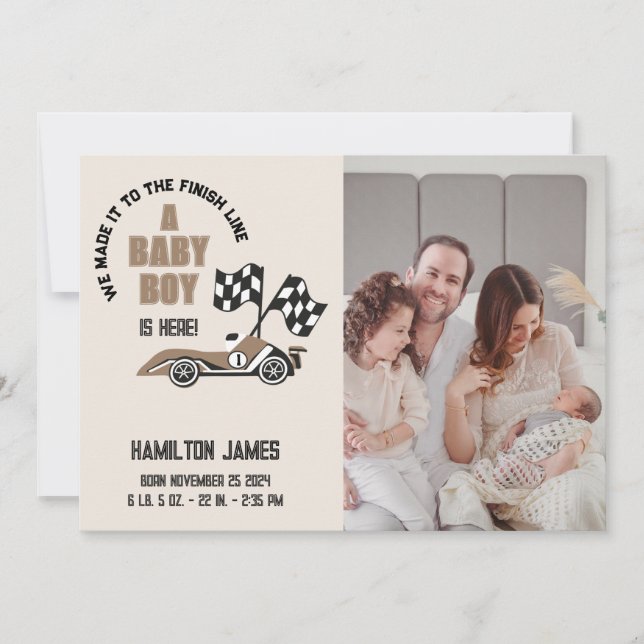 Sporty Tävling Car Pojke Birth Meddelande (Framsida)