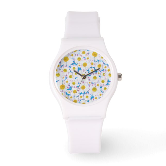 Sporty White Wristwatch: Ditzy White Daisys: Blue  Armbandsur (Framsida)