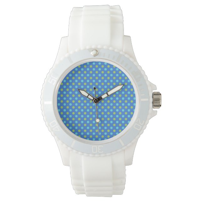 Sporty Wristwatch: Aqua, Grönt på Blue Polka dots Armbandsur (Framsida)
