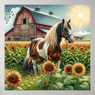 Spoted Horse, Rustic Barn, Sol Stigning på Farm Poster