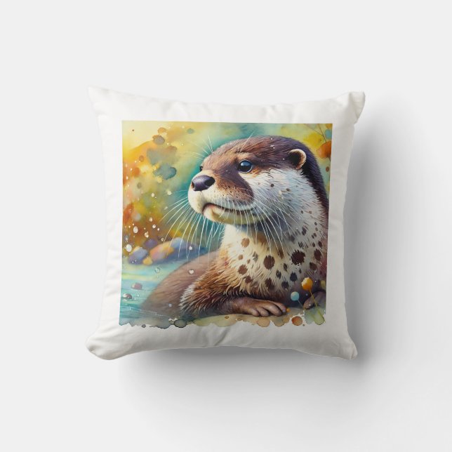 Spotted Neck Otter 230824AREF106 - Watercolor Kudde (Framsida)