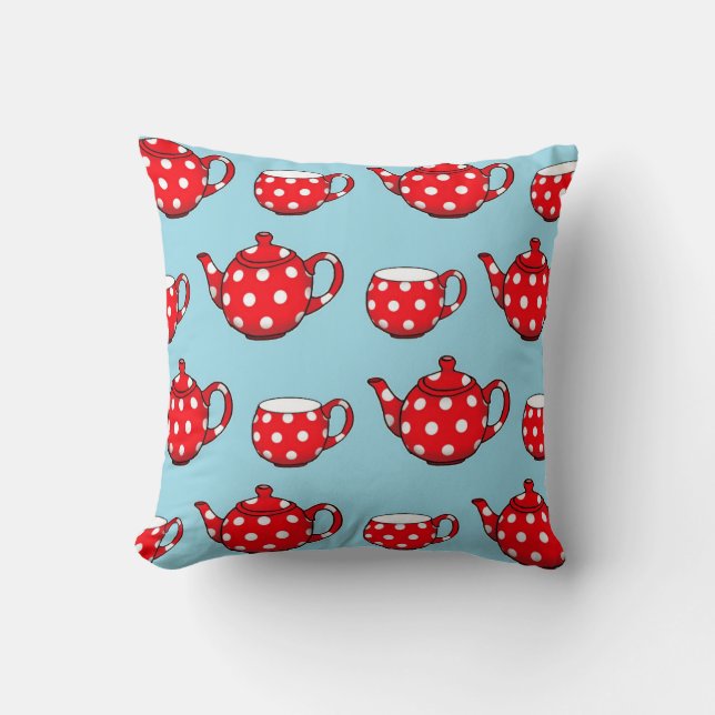 Spotty Red Tekanna och Kopp Blue Mönster Kudde (Framsida)